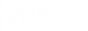 Logo de Drums Agency, con una baqueta y una onda expansiva. Metáfora sobre la publicidad, el marketing y la comunicación más primaria con tambores y la tecnología.
