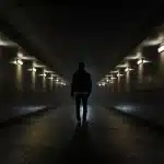 Silueta de una persona de espaldas caminando por un túnel oscuro y misterioso con luces tenues, simbolizando la incertidumbre y los desafíos a los que se enfrentan los negocios al intentar mejorar su visibilidad local sin una dirección clara.