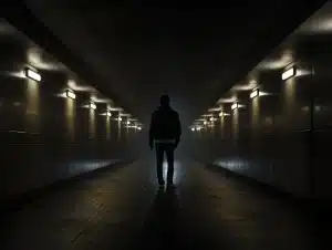 Silueta de una persona de espaldas caminando por un túnel oscuro y misterioso con luces tenues, simbolizando la incertidumbre y los desafíos a los que se enfrentan los negocios al intentar mejorar su visibilidad local sin una dirección clara.
