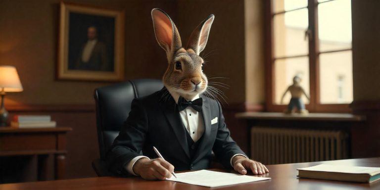 Evaluación de tu Estrategia de Marketing Local | Tarifas 1 Conejo con traje de negocios escribiendo en un escritorio, simbolizando la necesidad de una estrategia de marketing sólida y evitar atajos para el éxito de un negocio local o nacional.