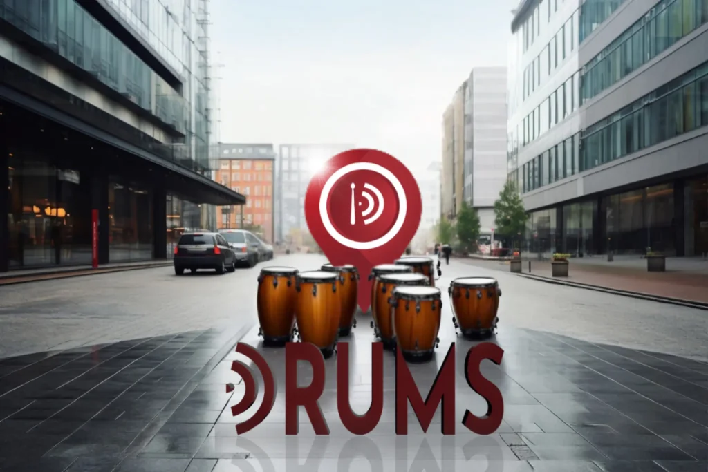 Mejora tu Posicionamiento | Tarifas SEO Local 4 Congas de percusión con un pin de ubicación rojo y el texto 'DRUMS' en un entorno urbano, representando el ritmo y la presencia local de nuestra agencia de marketing y publicidad.