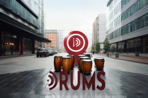 Congas de percusión con un pin de ubicación rojo y el texto 'DRUMS' en un entorno urbano, representando el ritmo y la presencia local de nuestra agencia de marketing y publicidad.