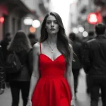 Cómo atraer más clientes a tu negocio local 1 Una mujer vestida de rojo, simbolizando la diferenciación y la visibilidad, se destaca del resto de la gente en un fondo desaturado.