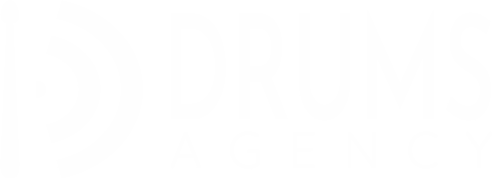 Logo de Drums Agency, con una baqueta y una onda expansiva. Metáfora sobre la publicidad, el marketing y la comunicación más primaria con tambores y la tecnología.