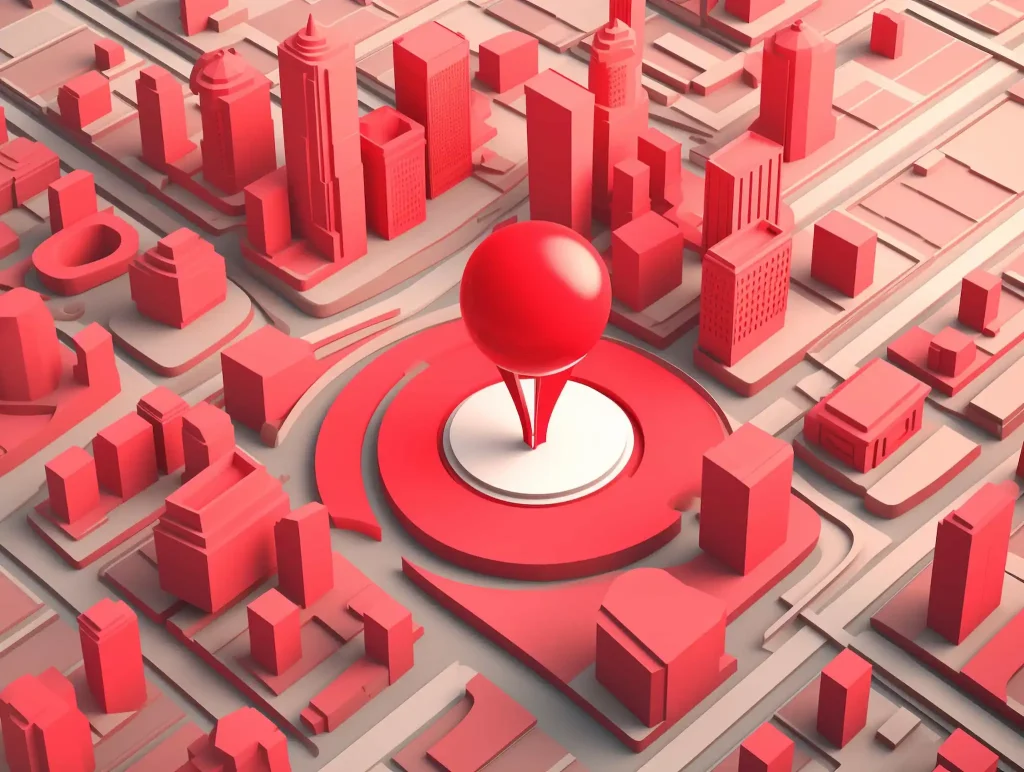 SEO Local: La guía definitiva 4 Simulacion de google maps con un pin de mapa enorme en el centro simulando la accion del posicionamiento con Drums Agency