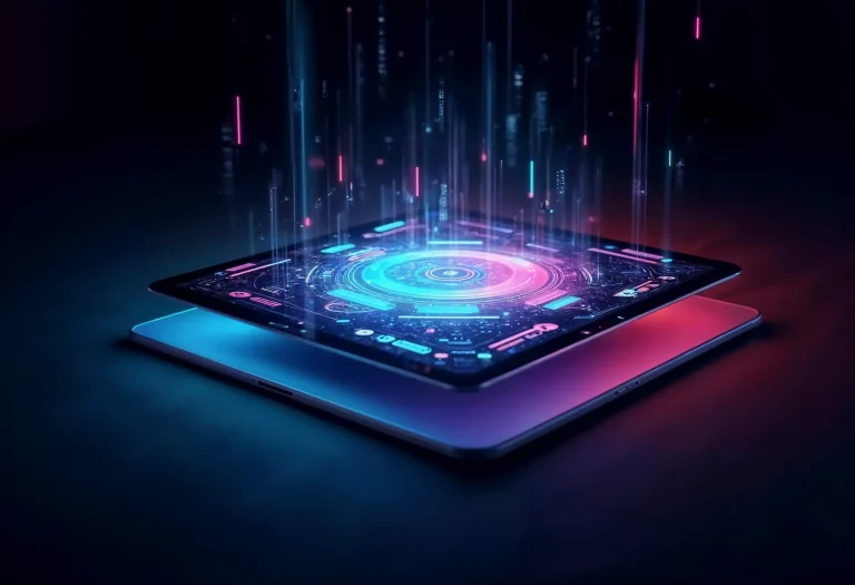 Tablet y ordenador portátil superpuestos con luces de neón y datos que emanan hacia arriba, simbolizando la integración de la tecnología y la inteligencia artificial en la publicidad digital y metaverso.