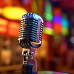 Publicidad Convencional en la era digital: ¿Viva o muerta? 2 Micrófono retro de estudio con luces de neón difuminadas al fondo, evocando el poder del sonido y la voz en la publicidad radiofónica y audiovisual para llegar a audiencias locales.