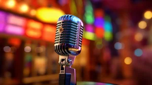 Blog de Marketing y Publicidad Local 3 Micrófono retro de estudio con luces de neón difuminadas al fondo, evocando el poder del sonido y la voz en la publicidad radiofónica y audiovisual para llegar a audiencias locales.
