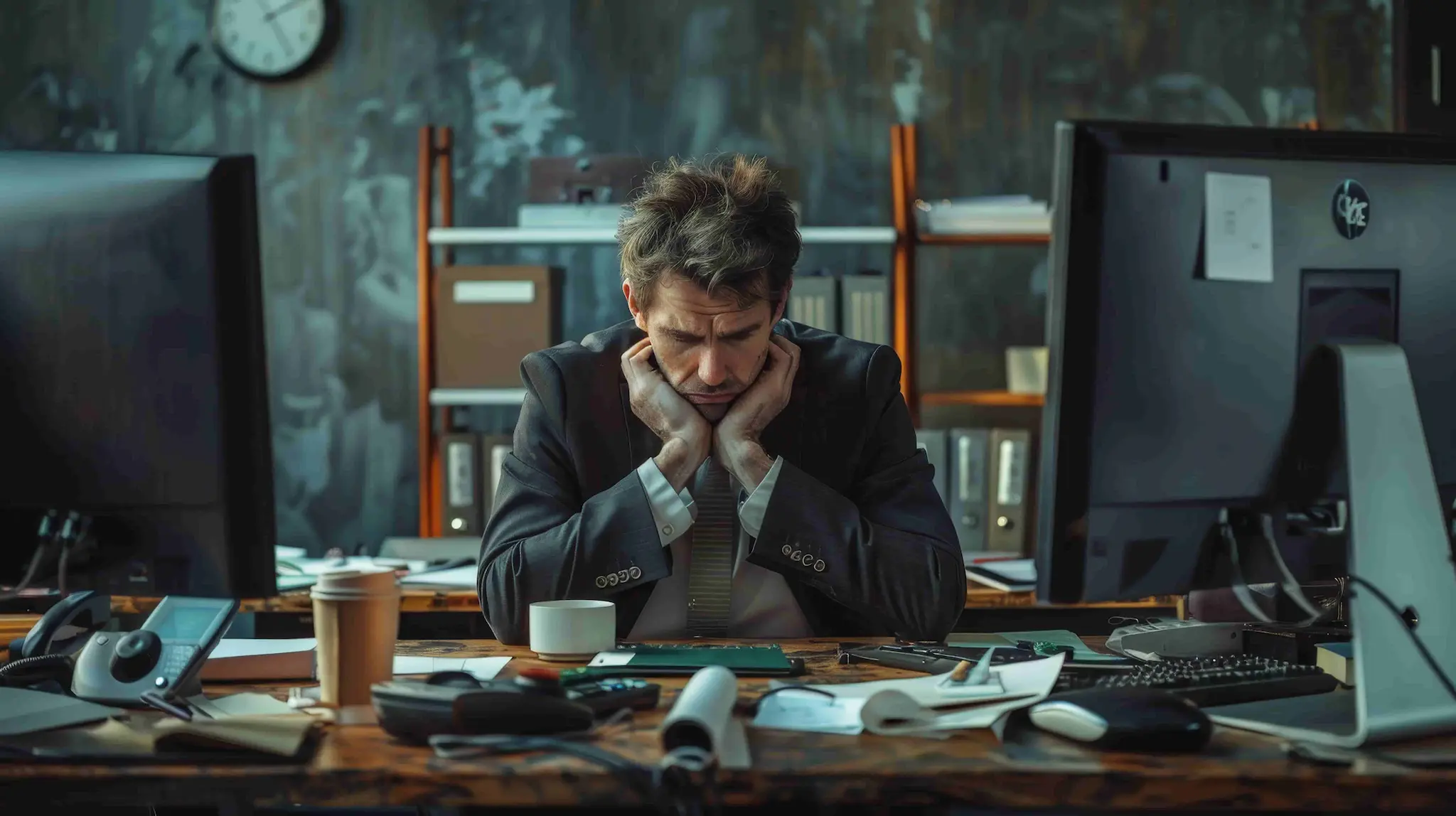 Empresario frustrado y agotado, con la cabeza entre las manos, sentado frente a su escritorio lleno de trabajo, simbolizando los desafíos y la falta de resultados en un negocio local sin la estrategia de marketing adecuada.