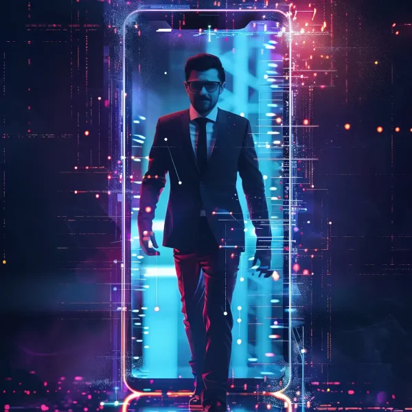 Hombre de negocios en traje caminando a través de una pantalla de smartphone gigante con luces de neón y datos digitales fluyendo a su alrededor, simbolizando la inmersión y el dominio de la tecnología móvil y digital para el éxito empresarial.