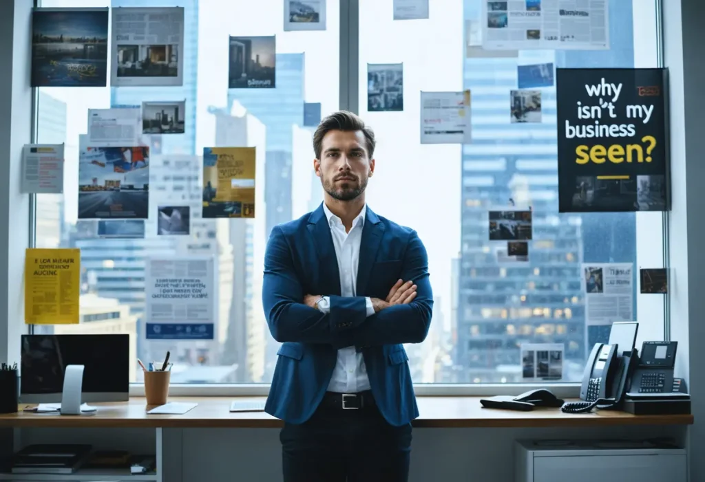 Publicidad Local | Campañas Efectivas para tu Negocio 1 Propietario de negocio con brazos cruzados y expresión seria frente a una ventana con recortes de periódico que incluyen la pregunta 'why isn't my business seen?', representando la preocupación por la visibilidad y el alcance de las empresas locales en España.