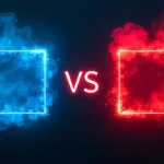 Google Ads o Meta Ads para negocios locales 3 Cuadrados luminosos en azul y rojo enfrentados con un 'VS' en el centro, simbolizando el análisis de pros y contras y la toma de decisiones estratégicas en marketing y publicidad para negocios.