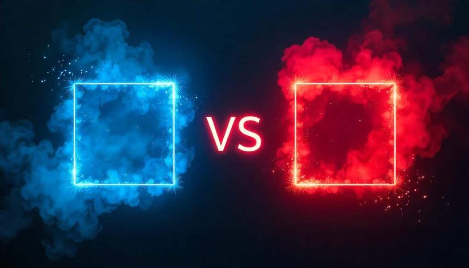 Cuadrados luminosos en azul y rojo enfrentados con un 'VS' en el centro, simbolizando el análisis de pros y contras y la toma de decisiones estratégicas en marketing y publicidad para negocios.