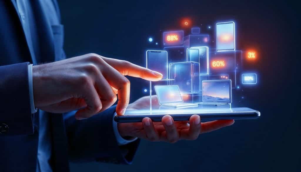 Mano de un profesional mostrando dispositivos móviles y ordenadores con datos y porcentajes flotantes, simbolizando el alcance de la publicidad digital y el marketing multi-dispositivo para negocios locales.