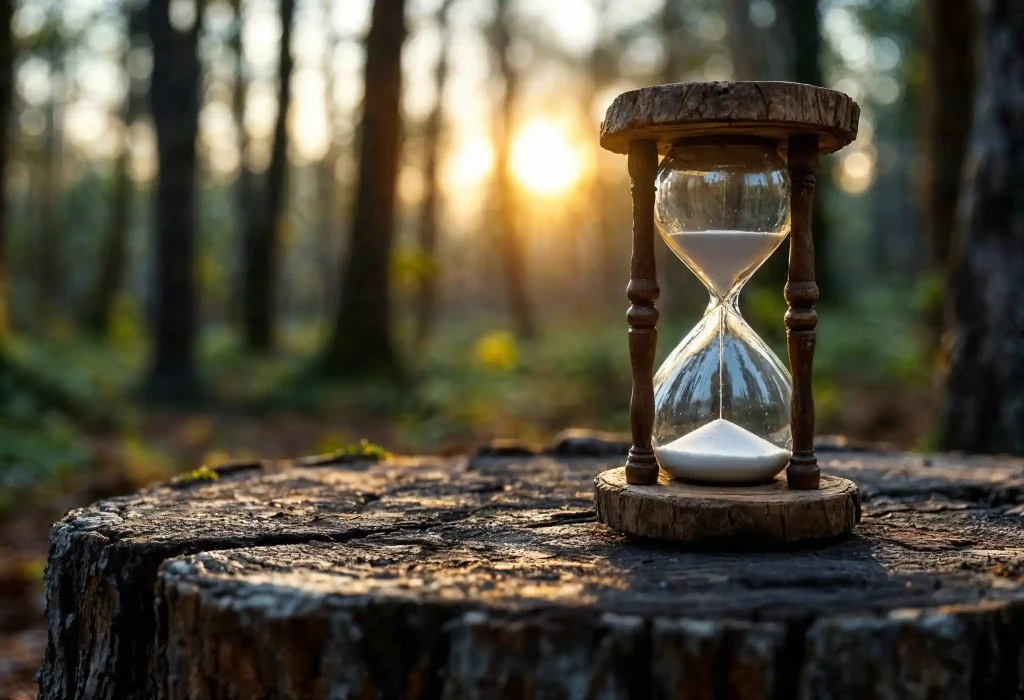 Reloj de arena con arena cayendo en un entorno natural al atardecer, simbolizando la gestión eficiente del tiempo y la creación de estrategias de marketing atemporales para el éxito continuo de negocios locales.