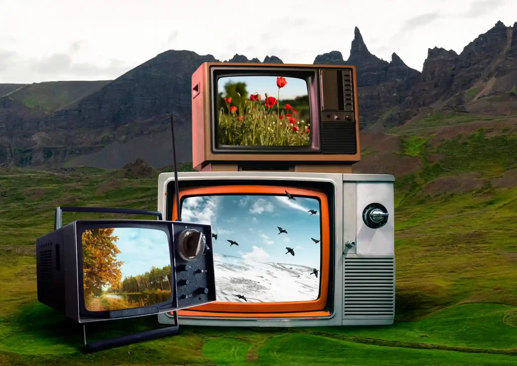 Televisiones retro apiladas. Refleja la supervivencia de la publicidad tradicional en medios convencionales en un mundo ultra tecnológico.