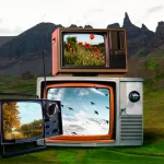 Televisiones retro apiladas. Refleja la supervivencia de la publicidad convencional en medios tradicionales en un mundo ultratecnologico