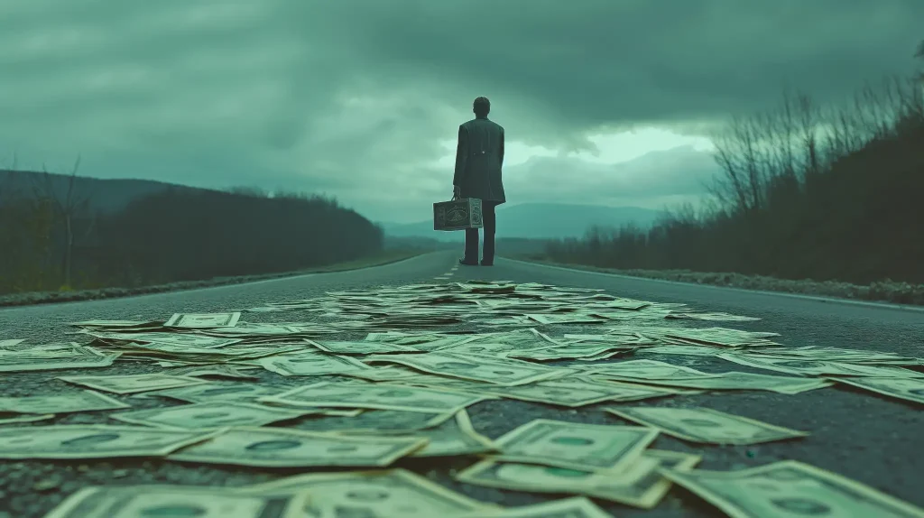 Hombre con maletín de espaldas parado en una carretera desolada con billetes de dólar esparcidos por el suelo, simbolizando la búsqueda de riqueza, oportunidades de inversión y la prosperidad que se puede lograr con estrategias de marketing.