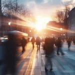 Escena urbana difuminada al atardecer con personas y vehículos en movimiento rápido, evocando la vitalidad de la ciudad y el dinámico entorno donde tu negocio local en Zaragoza puede prosperar con el marketing adecuado.