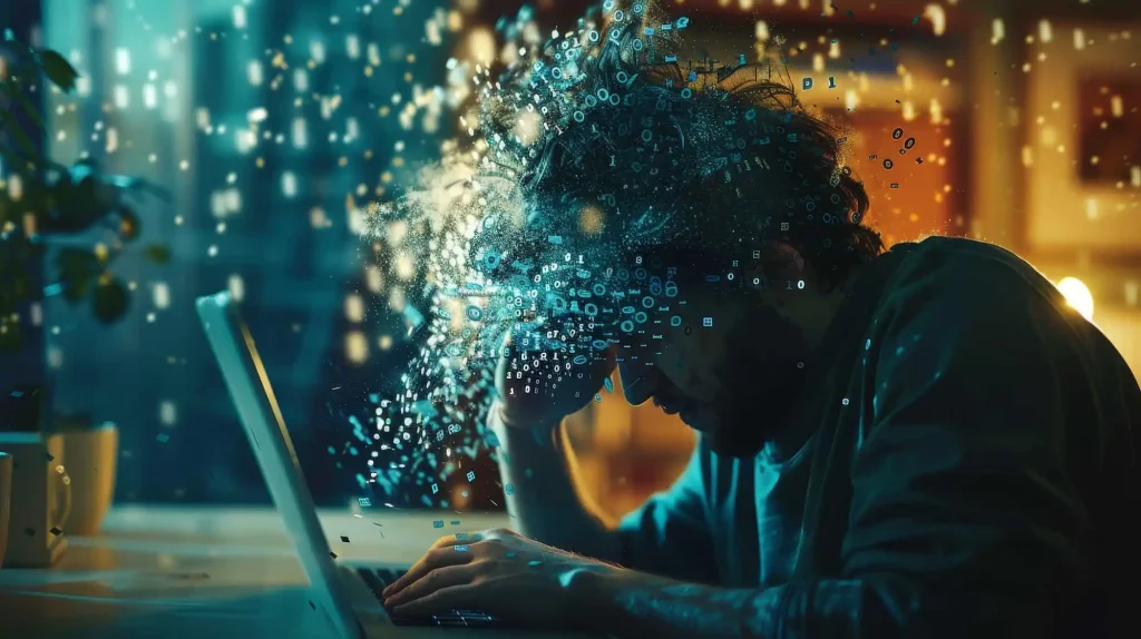 Top 7 errores que afectan a tu negocio 1 Hombre frustrado frente a un ordenador, con datos y números desintegrándose de su cabeza, representando el caos, el exceso de información digital y el agotamiento de gestionar el marketing de un negocio local.