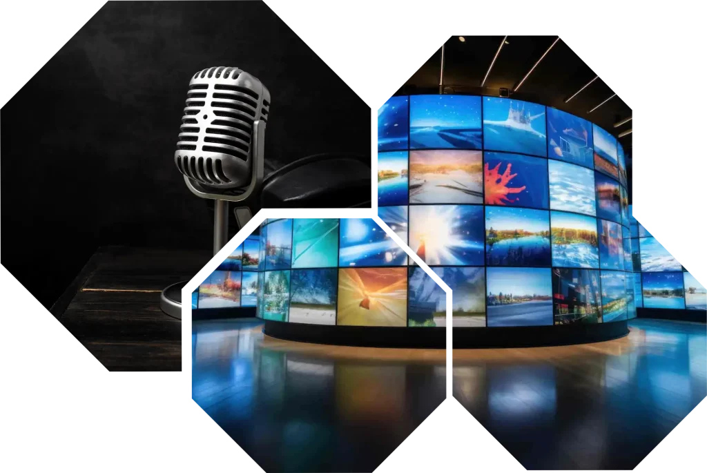 Publicidad en Radio y Televisión para tu Negocio 1 Micrófono de radio y Videowall con pantallas de televisión mostrando contenido audiovisual, representando campañas de publicidad tradicional y marketing audiovisual