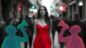 Una mujer vestida de rojo, simbolizando la diferenciación y la visibilidad, se destaca del resto de la gente en un fondo desaturado.