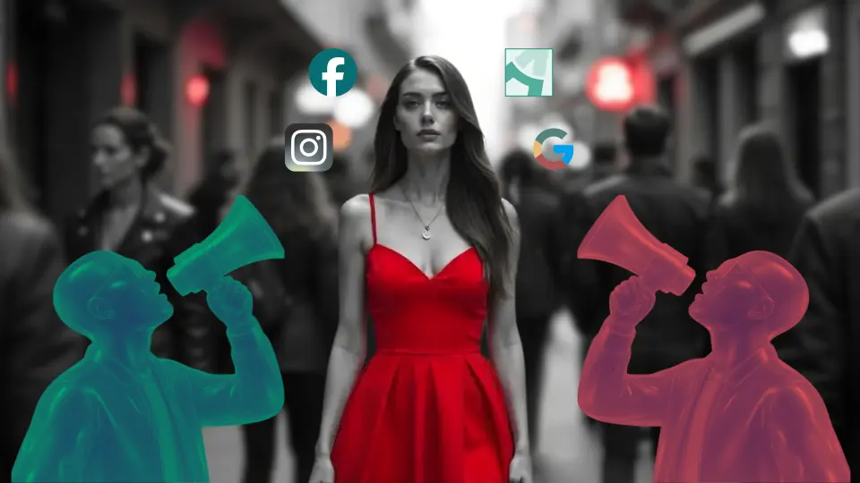 Una mujer vestida de rojo, simbolizando la diferenciación y la visibilidad, se destaca del resto de la gente en un fondo desaturado.