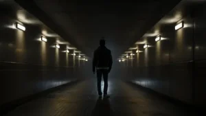 Silueta de una persona de espaldas caminando por un túnel oscuro y misterioso con luces tenues, simbolizando la incertidumbre y los desafíos a los que se enfrentan los negocios al intentar mejorar su visibilidad local sin una dirección clara.