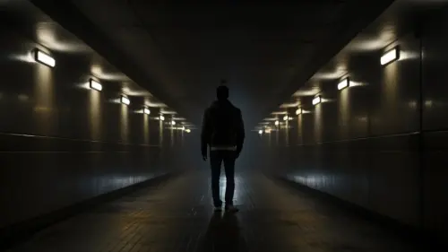 Silueta de una persona de espaldas caminando por un túnel oscuro y misterioso con luces tenues, simbolizando la incertidumbre y los desafíos a los que se enfrentan los negocios al intentar mejorar su visibilidad local sin una dirección clara.