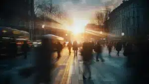 Escena urbana difuminada al atardecer con personas y vehículos en movimiento rápido, evocando la vitalidad de la ciudad y el dinámico entorno donde tu negocio local en Zaragoza puede prosperar con el marketing adecuado.