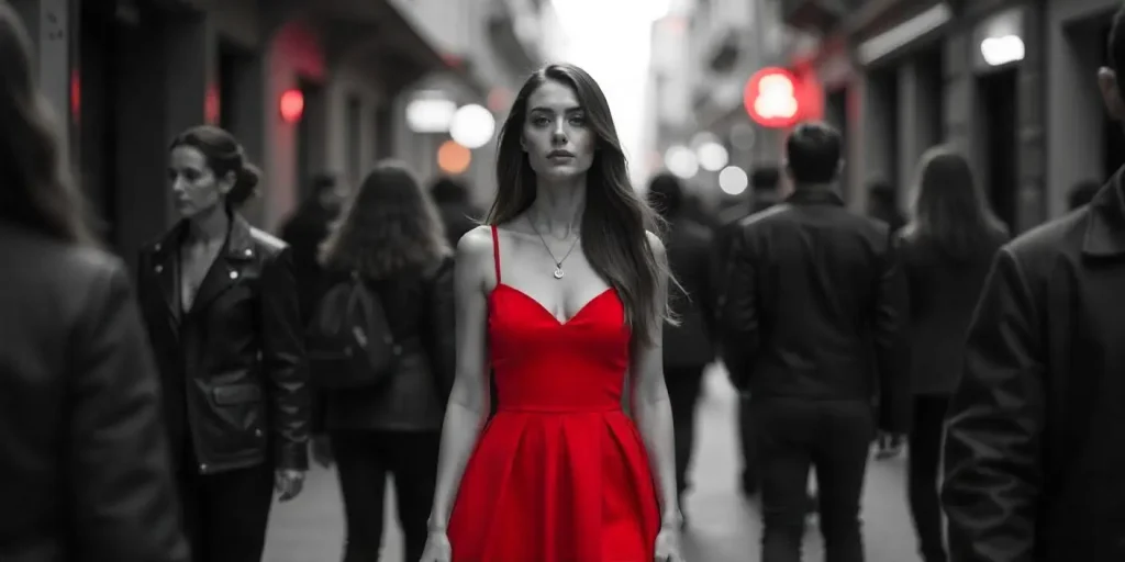 Una mujer vestida de rojo, simbolizando la diferenciación y la visibilidad, se destaca del resto de la gente en un fondo desaturado.