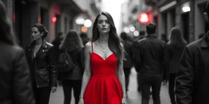 Una mujer vestida de rojo, simbolizando la diferenciación y la visibilidad, se destaca del resto de la gente en un fondo desaturado.