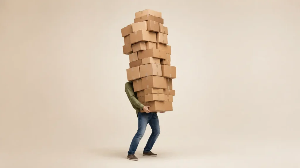 Persona cargando una pila enorme de cajas que le tapa por completo, representando la acumulación de tareas manuales que se van sumando en una empresa sin automatizar