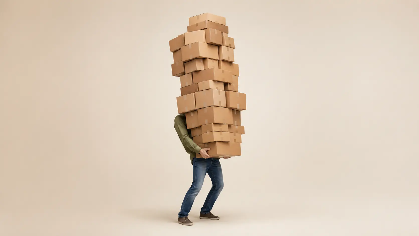 Qué procesos se pueden automatizar en una empresa 1 Persona cargando una pila enorme de cajas que le tapa por completo, representando la acumulación de tareas manuales que se van sumando en una empresa sin automatizar