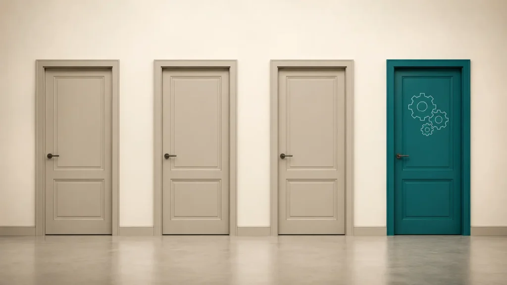 Cuatro puertas idénticas, tres en color neutro y una en turquesa con un icono de engranajes, representando el proceso de elegir qué tarea automatizar primero entre varias opciones similares