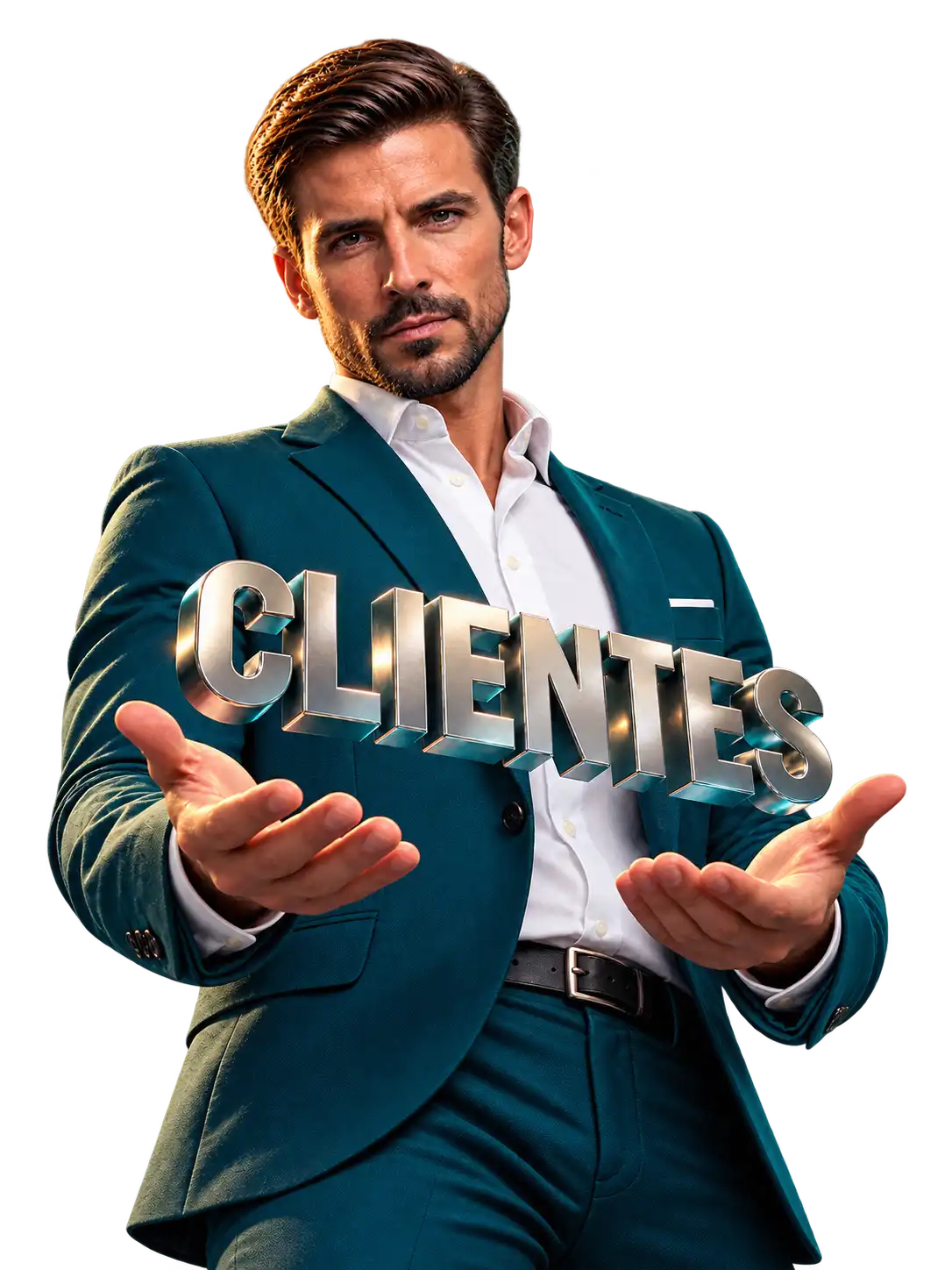 Hombre ofreciendo la palabra CLIENTES