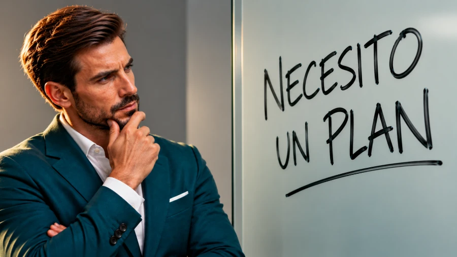 Hombre con traje azul en actitud pensativa, mirando una cristalera con el mensaje «NECESITO UN PLAN».